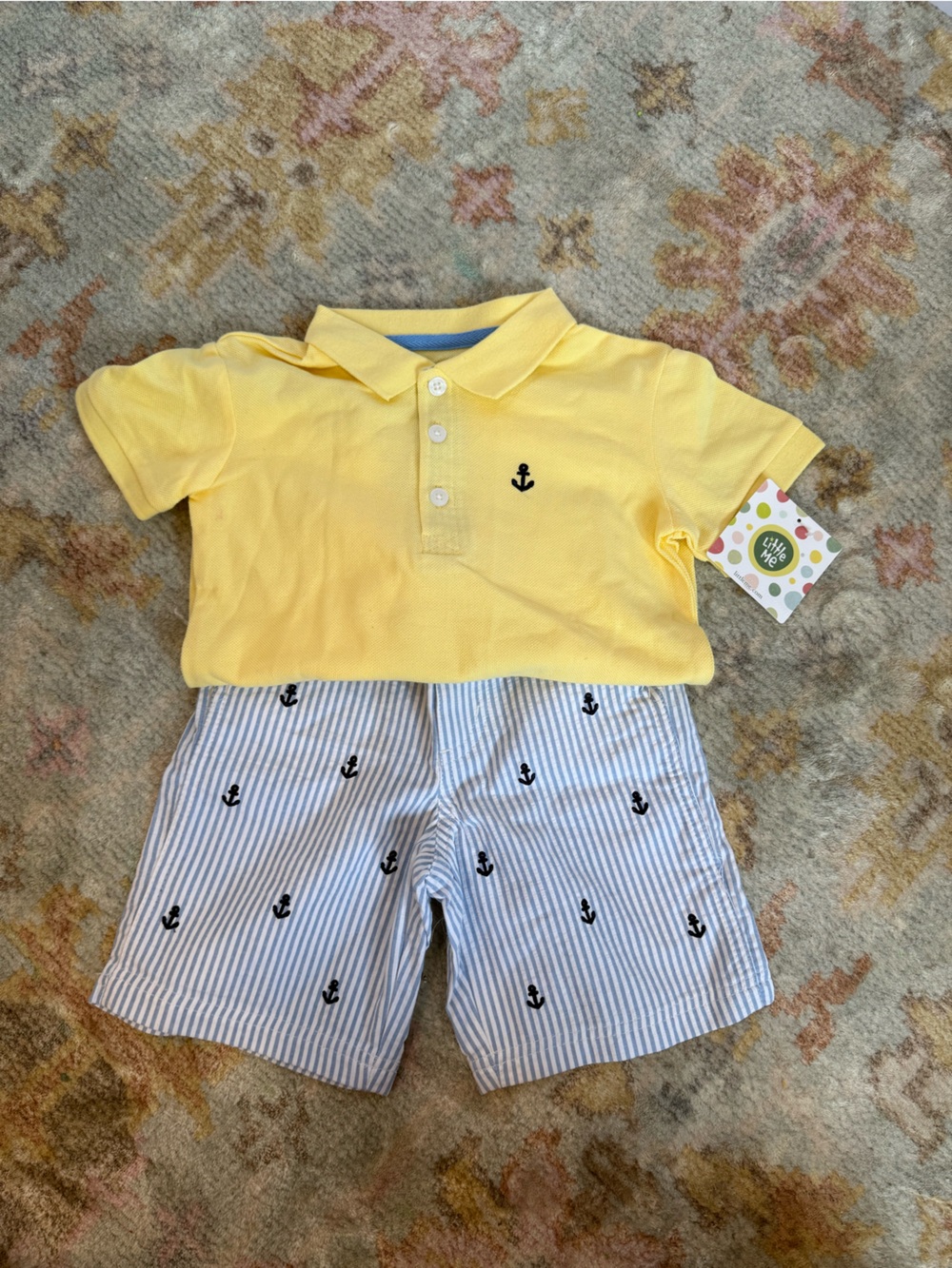 Little Me Yellow Polo with Anchor-Print Seersucker Shorts Set